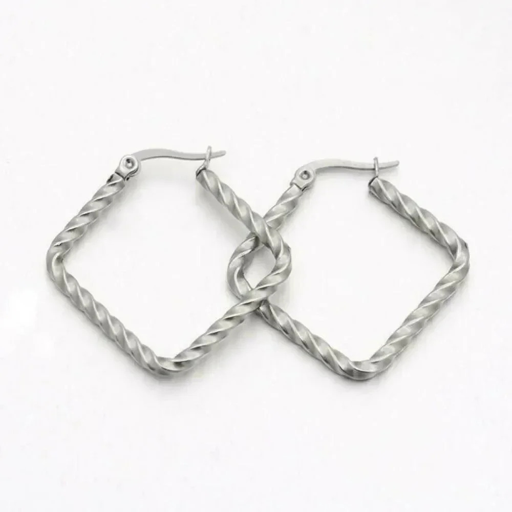 Surgical Stainless Steel Twisted Rhombus 31x31mm Silver Hoop Earrings